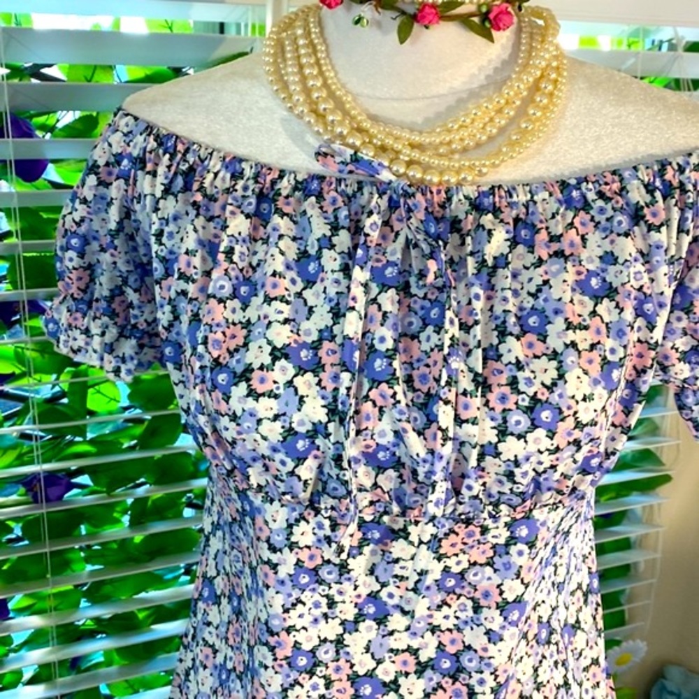 Romantic blue floral peasant style dress